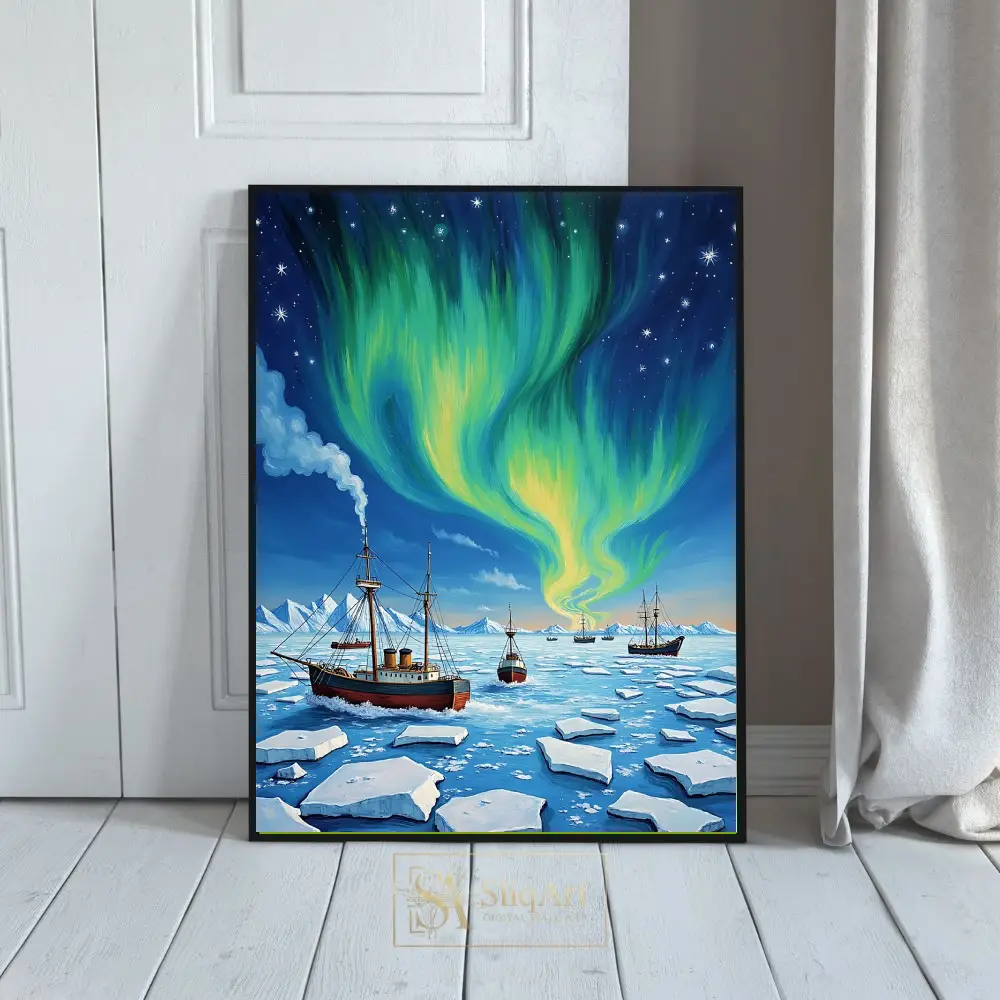 Arctic Expedition Aurora Borealis Wall Art - Nautical Northern Lights Canvas