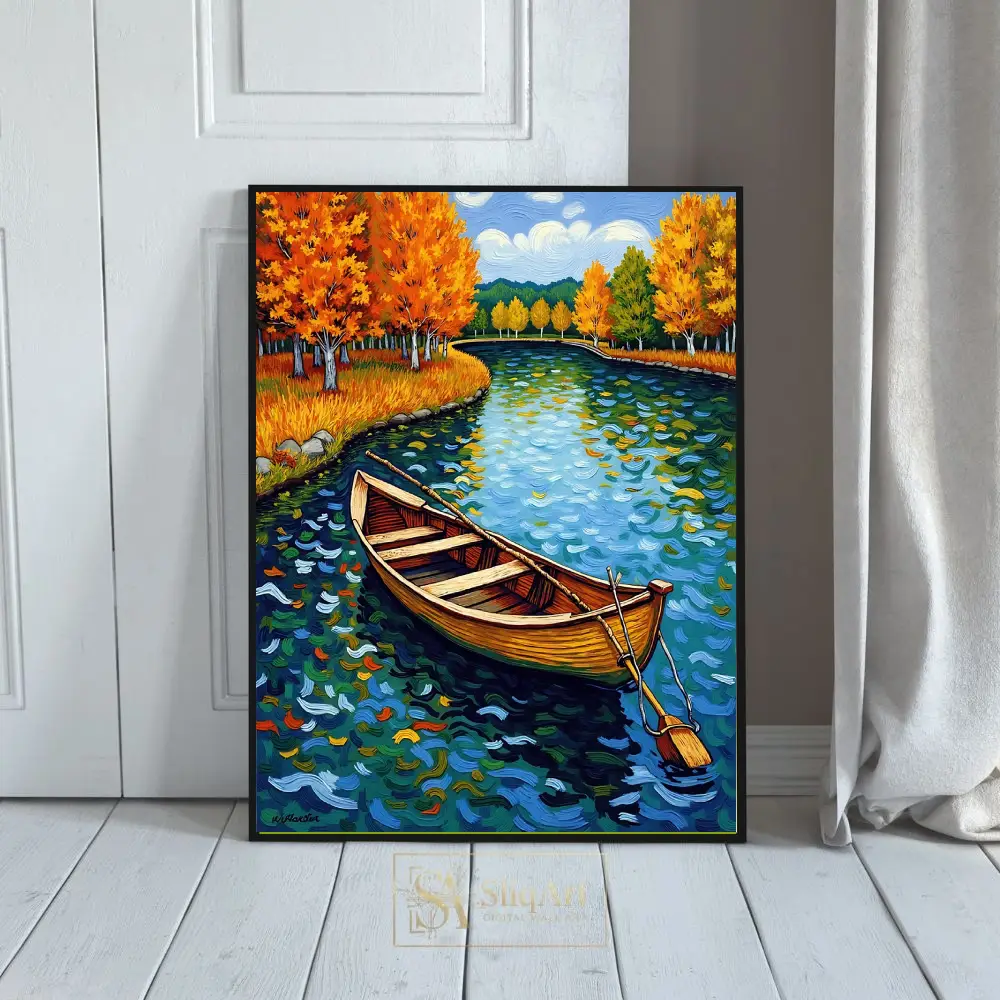 Autumn River Rowboat Impressionist Canvas Art - Vibrant Fall Landscape