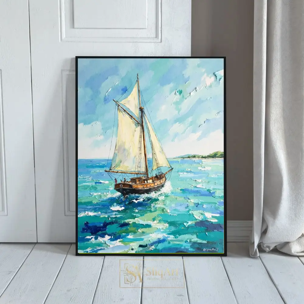 Azure Horizons: Impressionist Sailboat Palette Knife Canvas Art