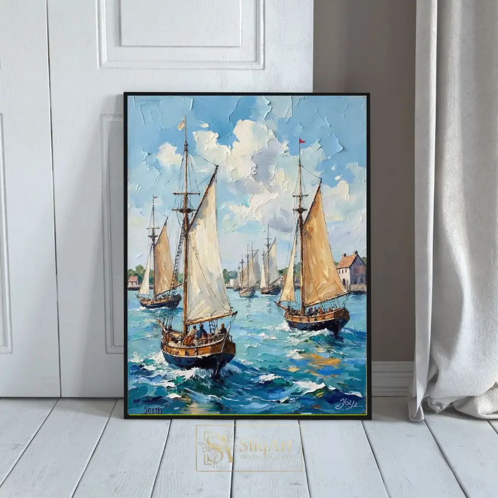 Nautical Sailing Ships Impasto Canvas Art - Maritime Harbor Scene