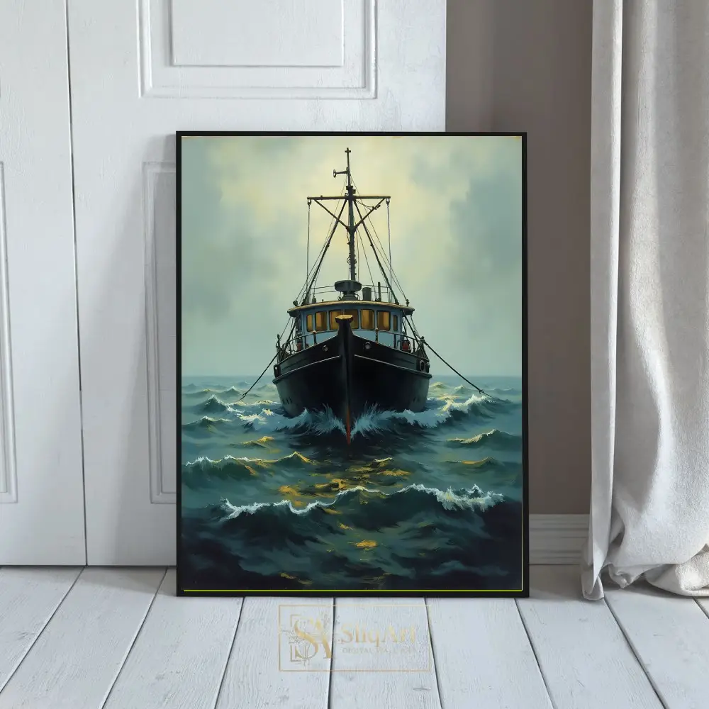 Nautical Fishing Boat Wall Art - Resilient Vessel on Choppy Seas Canvas Print