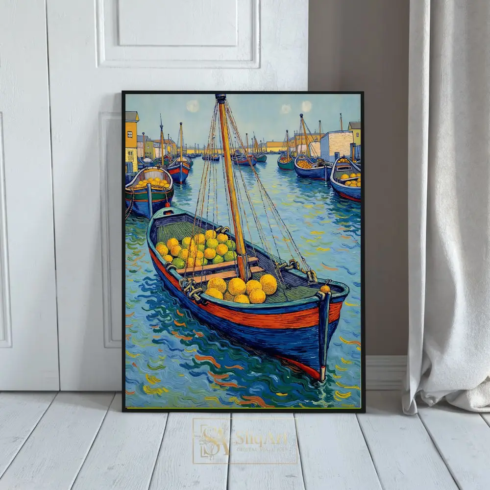 Post-Impressionist Harbor Scene Canvas Wall Art - Vibrant Boats and Citrus