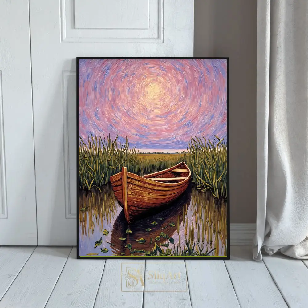 Serene Marshland Boat - Impressionist Canvas Wall Art