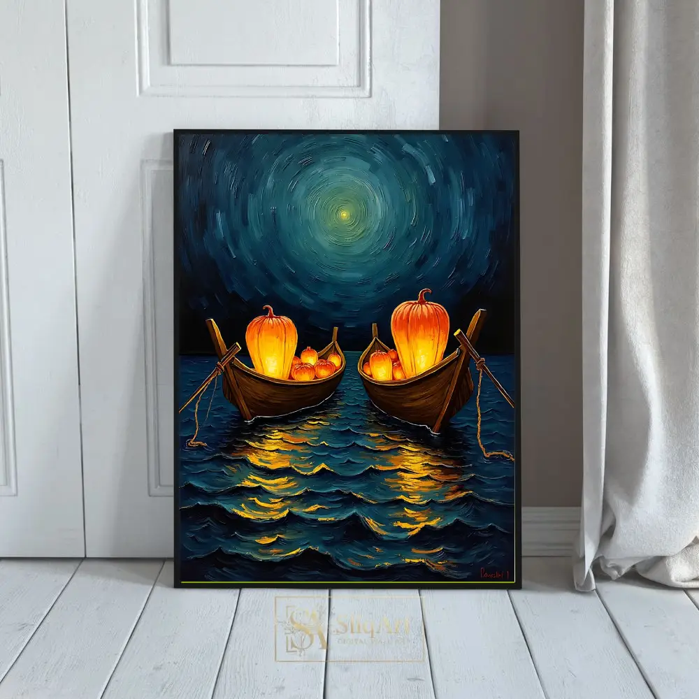 Glowing Pumpkin Boats at Night - Whimsical Impressionist Wall Art