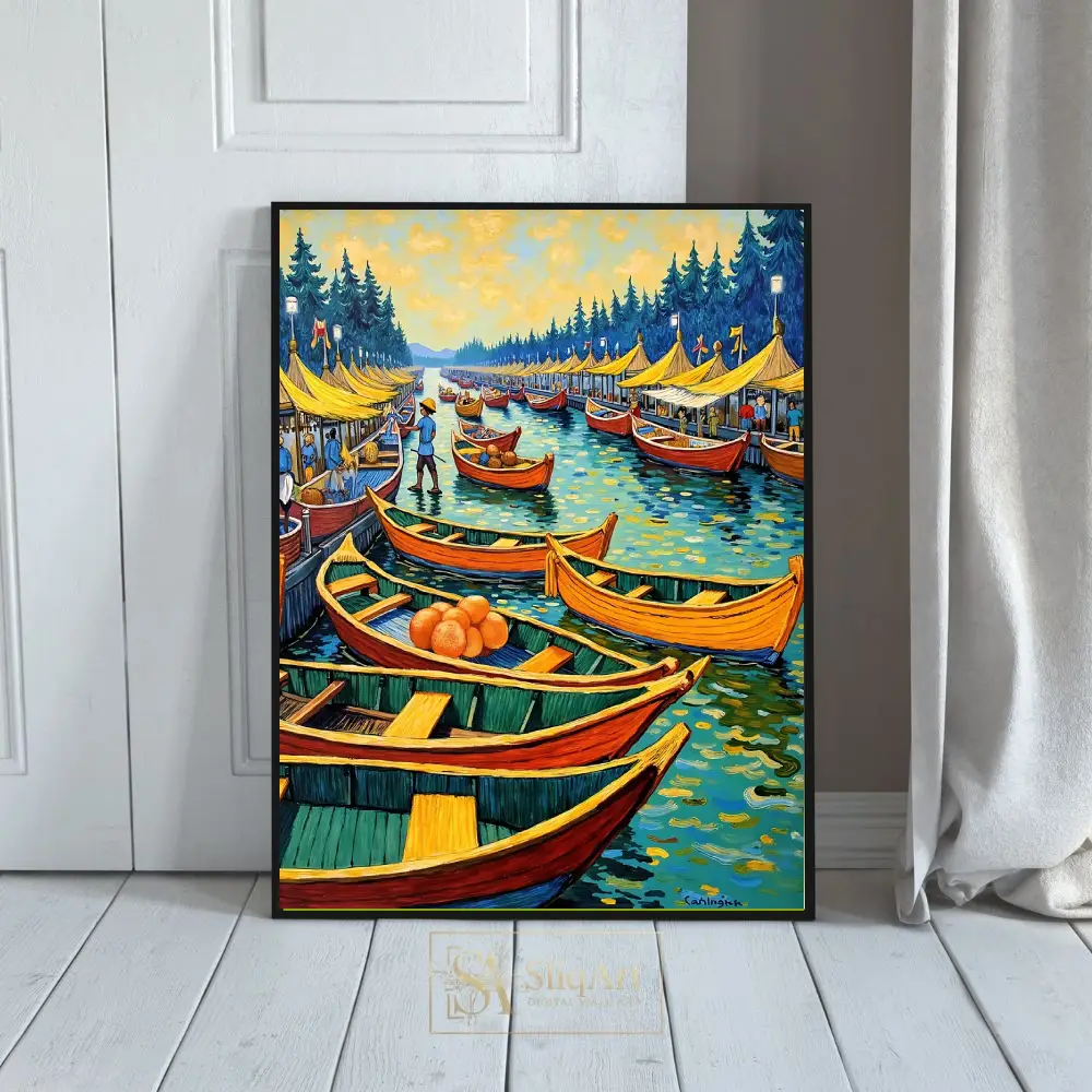 Impressionist Floating Market Wall Art - Vibrant Boat Harbor Canvas Print