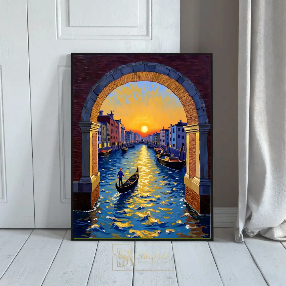 Venice Canal Sunset Gondola Art - Vibrant Italian Seascape Painting
