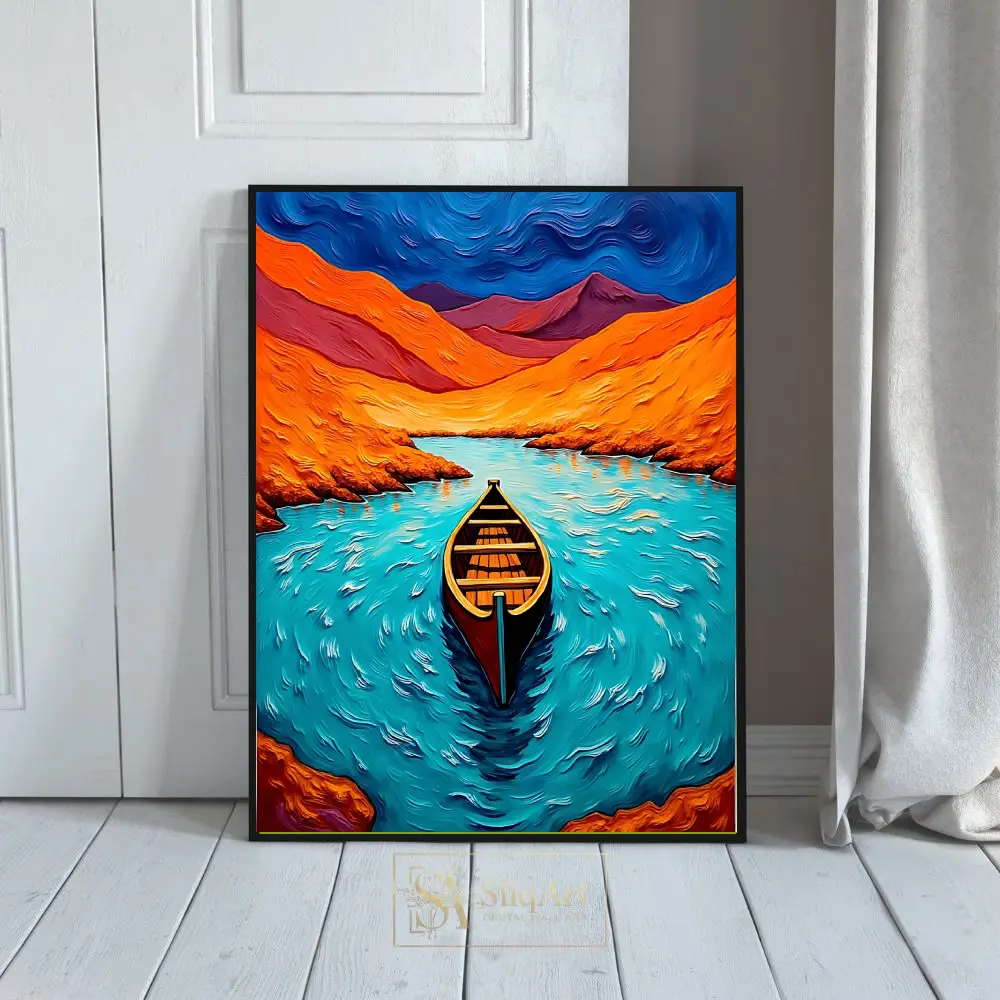 Vibrant Post-Impressionist Boat & Mountain Lake Wall Art