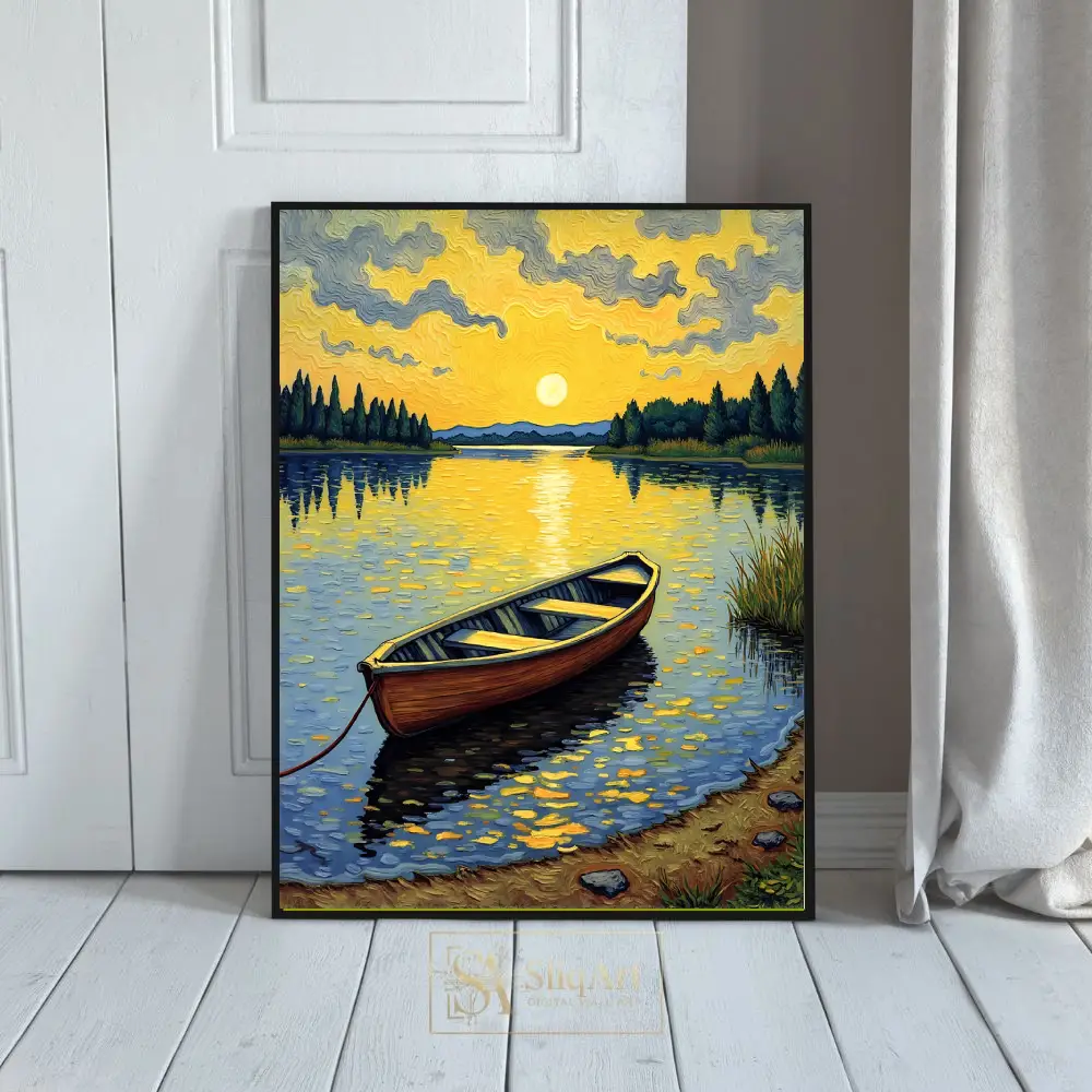 Impressionist Sunset Lake Boat Art Canvas Print