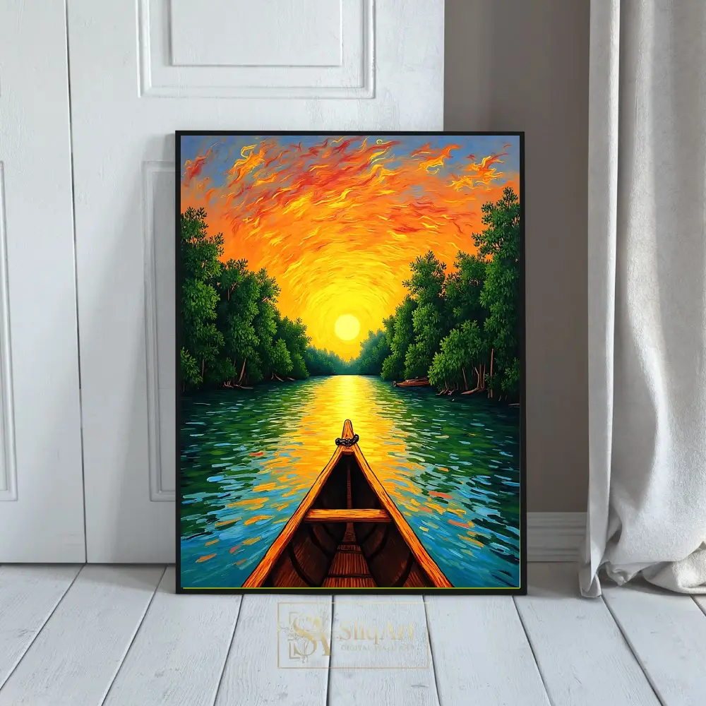 Golden Sunset River Canoe Journey - Impressionist Canvas Wall Art
