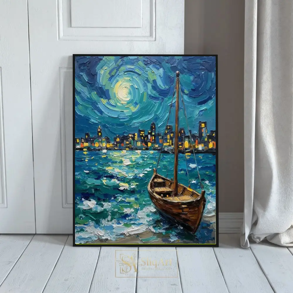 Impasto Starry Night Sailboat & Cityscape Canvas Art