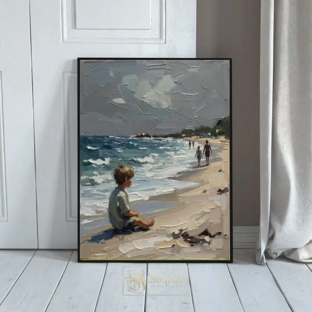 Boy Sitting on Beach Impasto Canvas Art - Coastal Nostalgia Decor