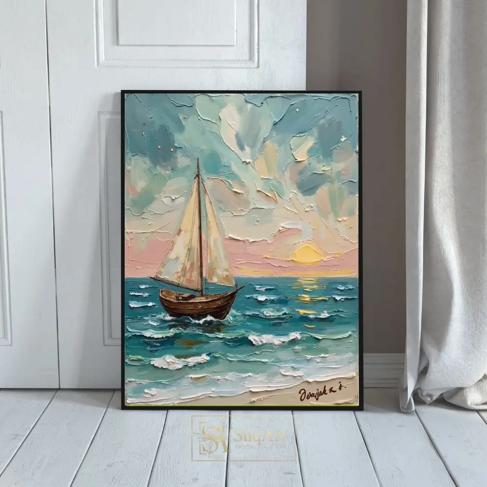 Nautical Sunset Sailboat Impasto Painting Wall Art