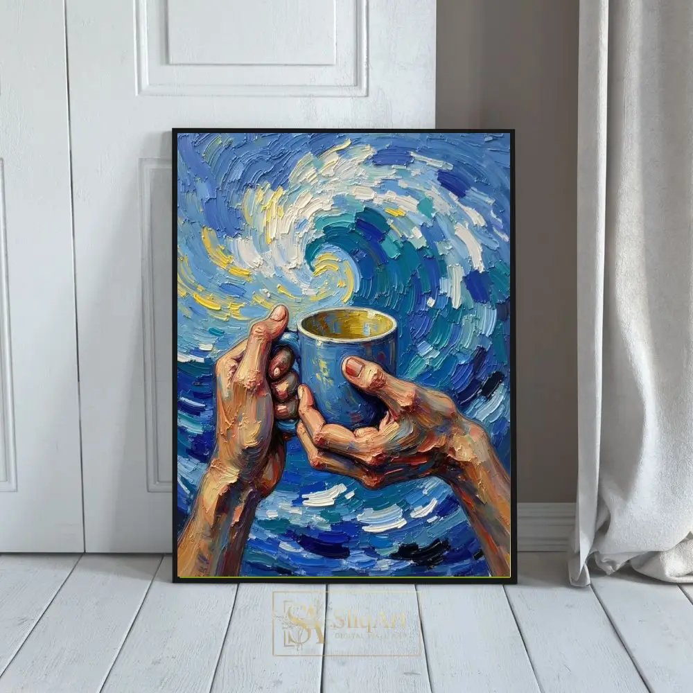 Impressionist Coffee Art - Van Gogh Style Hands and Mug Canvas