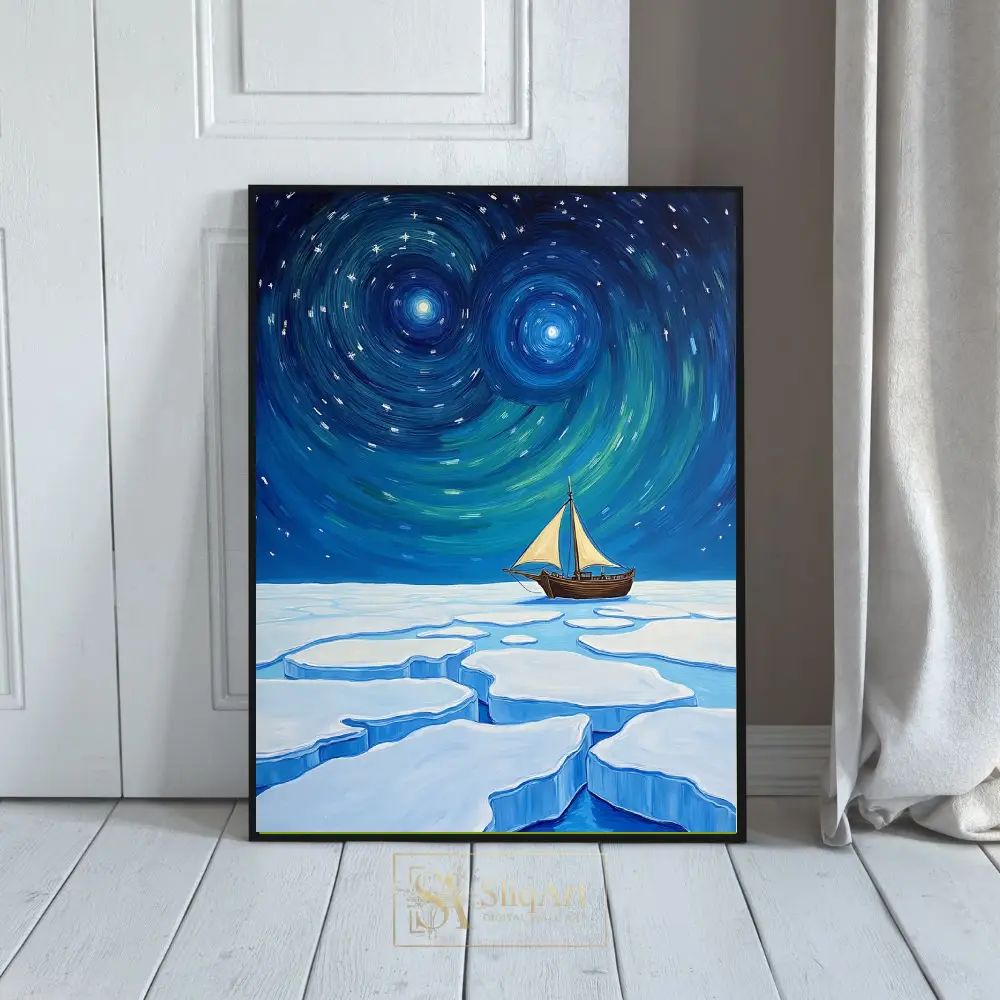 Starry Night Arctic Voyage - Post-Impressionist Sailboat Wall Art