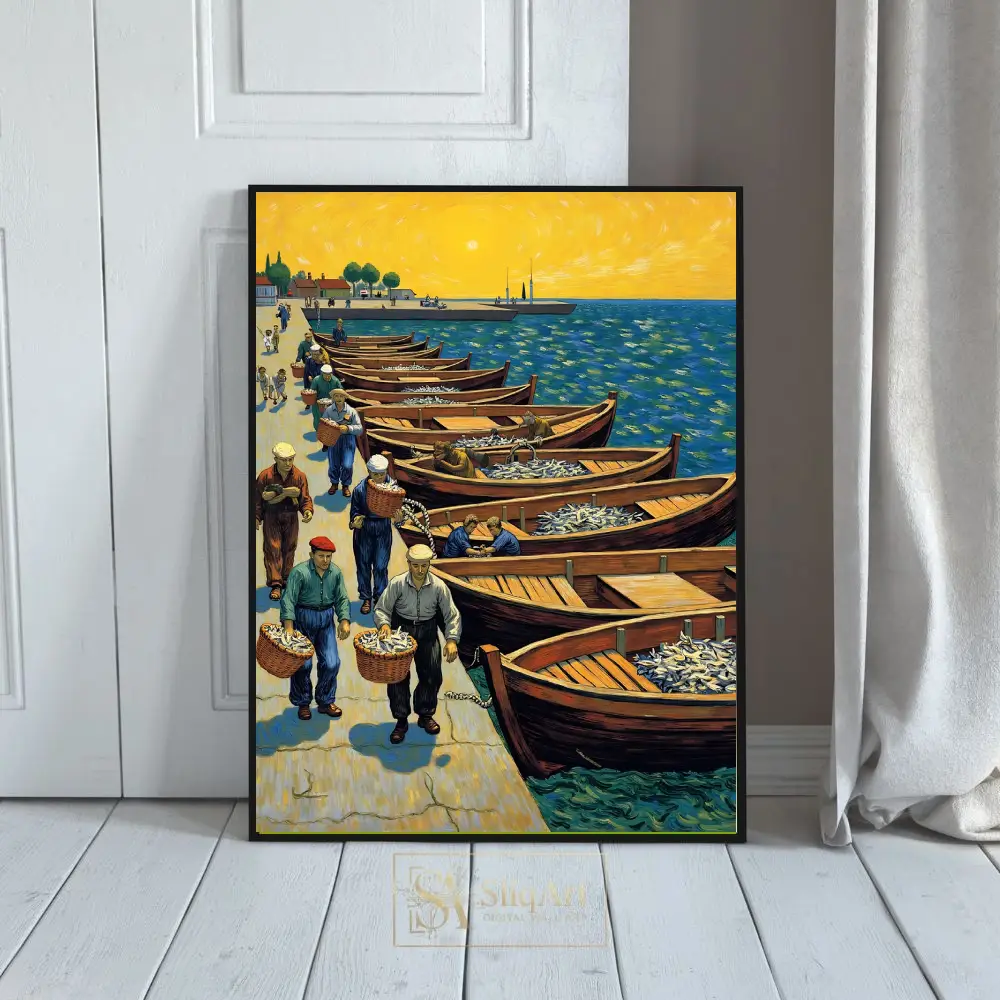 Impressionist Harbor Sunset Canvas Art - Coastal Fishing Scene