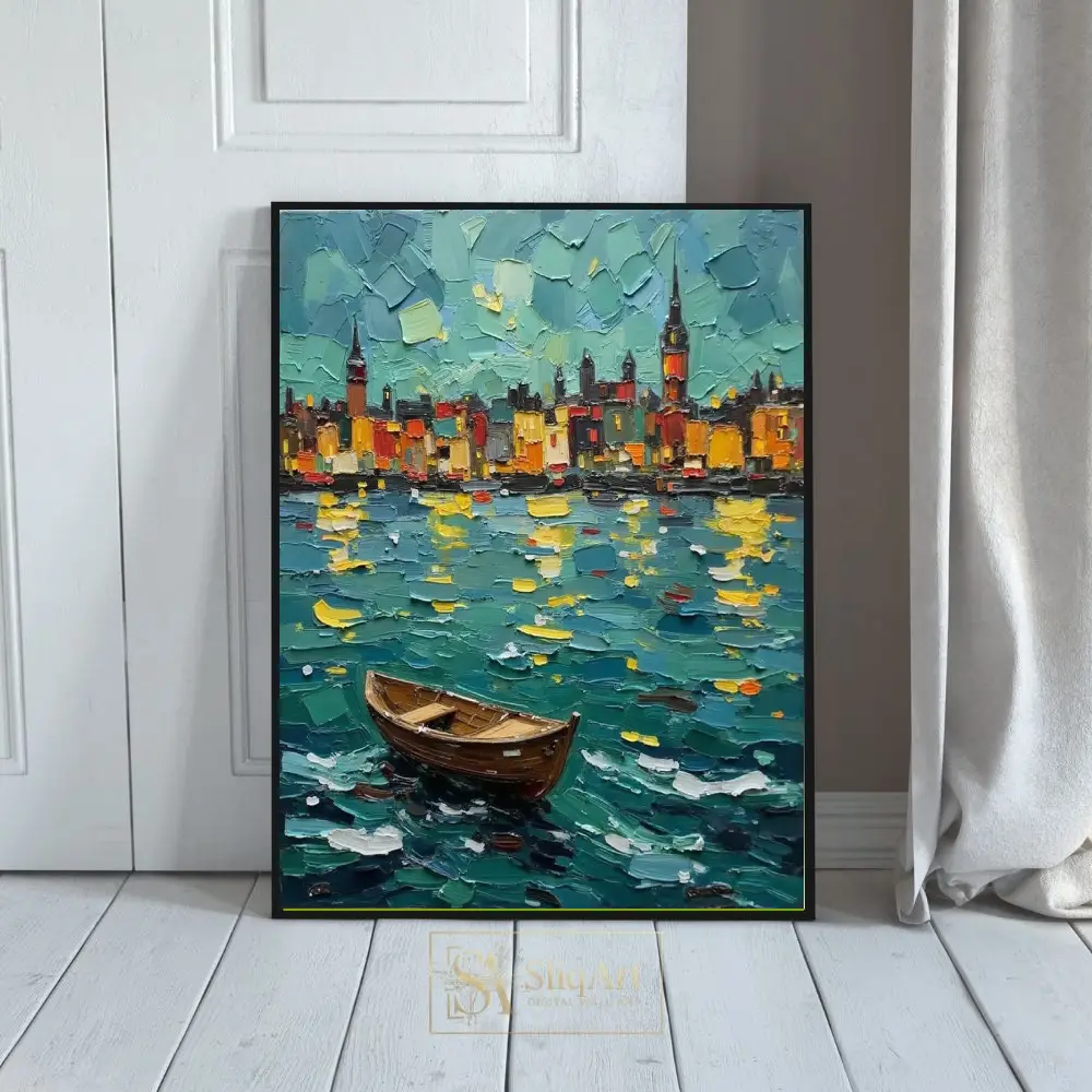 Impasto Coastal Cityscape Oil Painting - Harbor Boat Wall Art