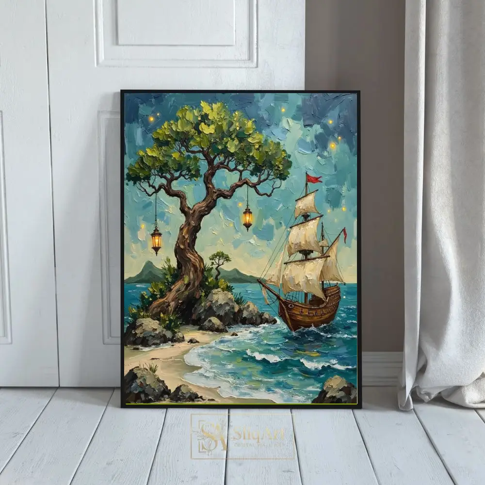 Whimsical Nautical Adventure: Sailing Ship & Lantern Tree Canvas Art