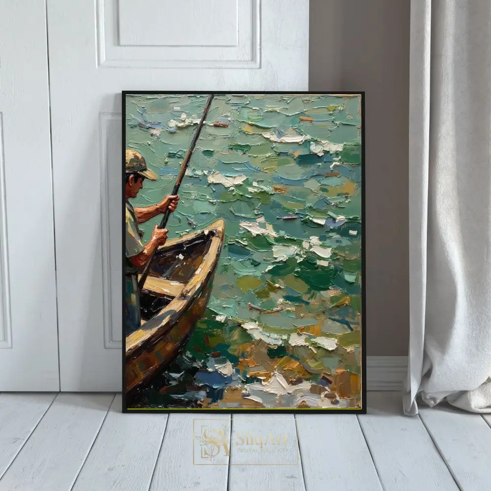 Impressionist Man in Boat Oil Painting - Textured Water Wall Art