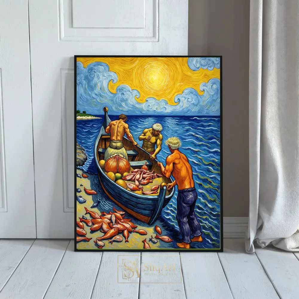 Fishermen's Harvest Swirling Sun Impressionist Canvas Art