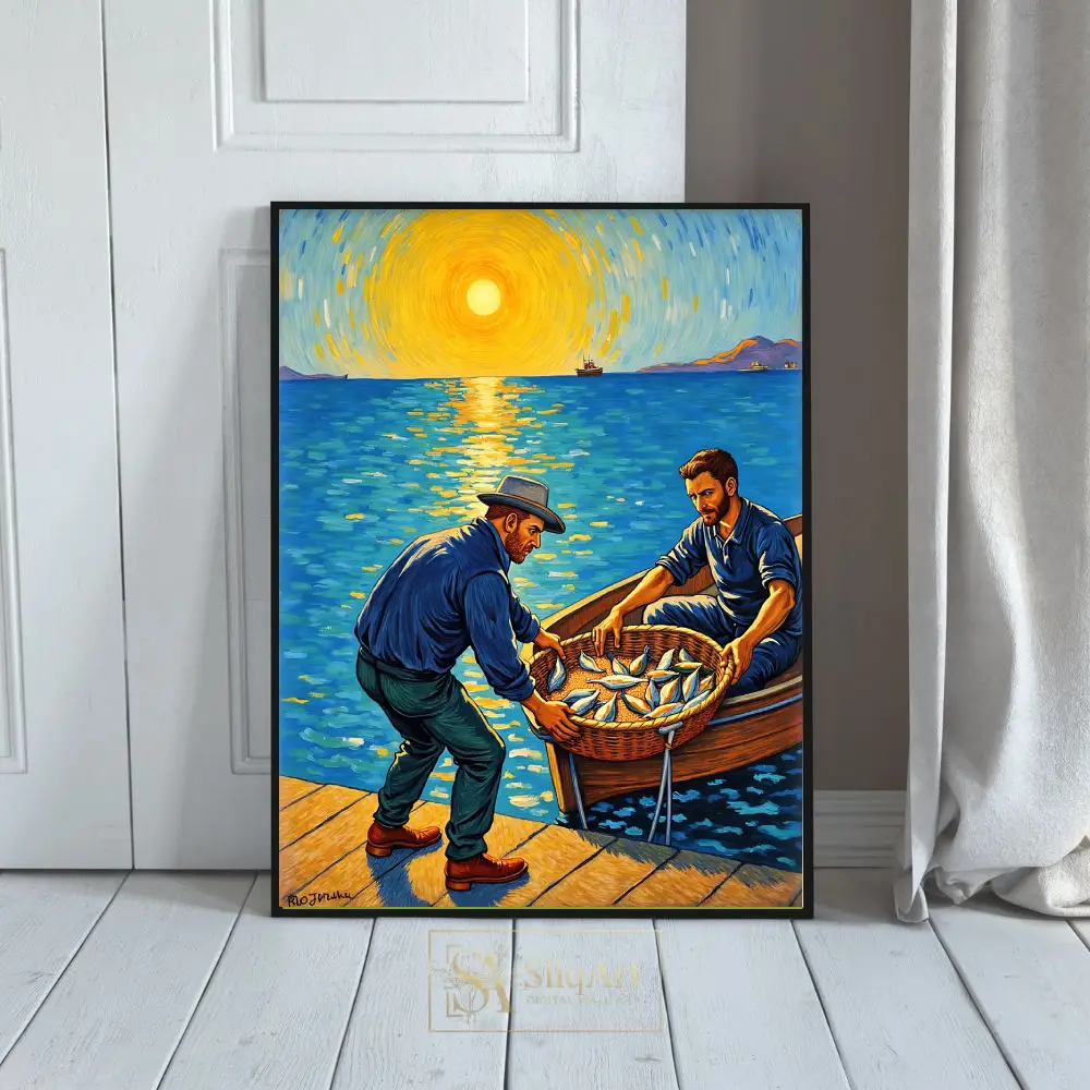 Impressionist Fisherman Sunset Wall Art - Coastal Canvas Print