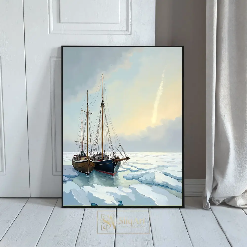 Arctic Expedition Sailing Ships Wall Art - Serene Icy Sea Canvas