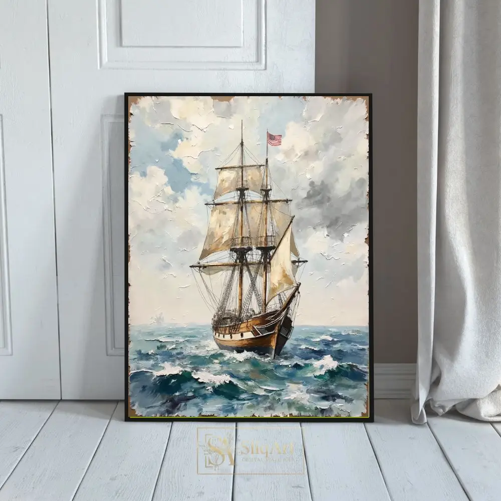 Nautical Sailing Ship Oil Painting Canvas Art - Vintage American Tall Ship