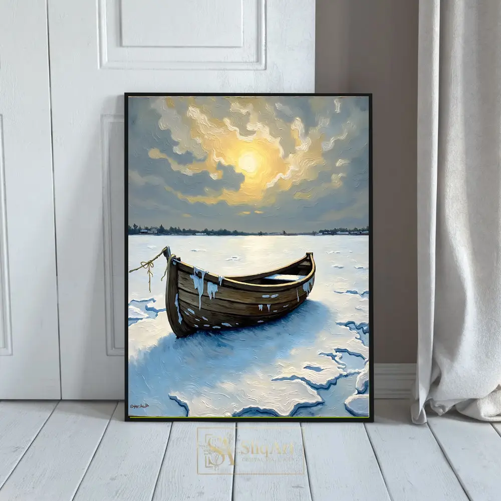 Frozen Serenity: Wooden Boat in Icy Landscape Impasto Wall Art
