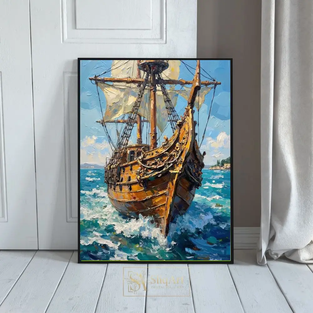 Majestic Galleon Sailing Ship Impasto Canvas Art - Nautical Wall Decor