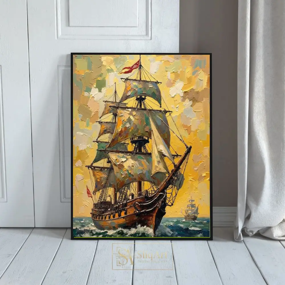 Impressionist Sailing Ship Canvas Wall Art - Golden Horizon