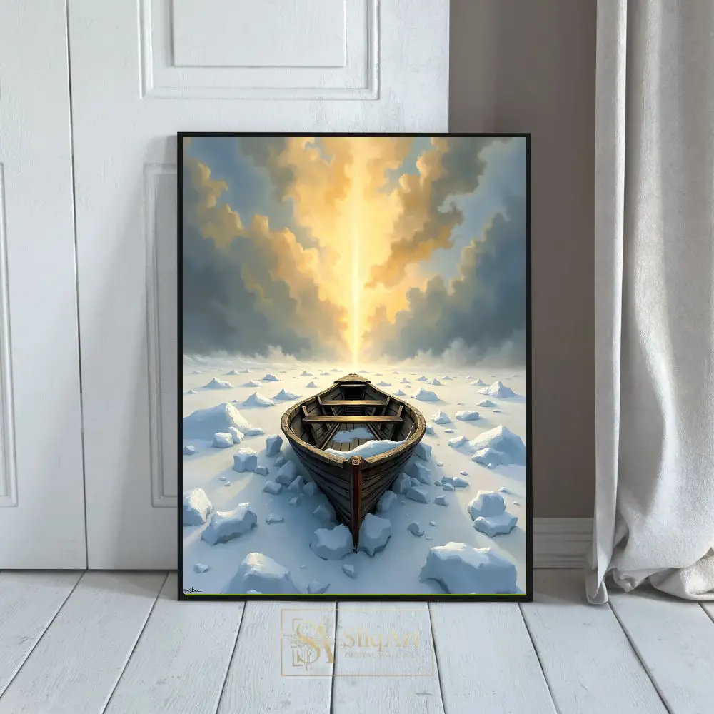 Golden Horizon: Wooden Boat in Frozen Tundra Wall Art