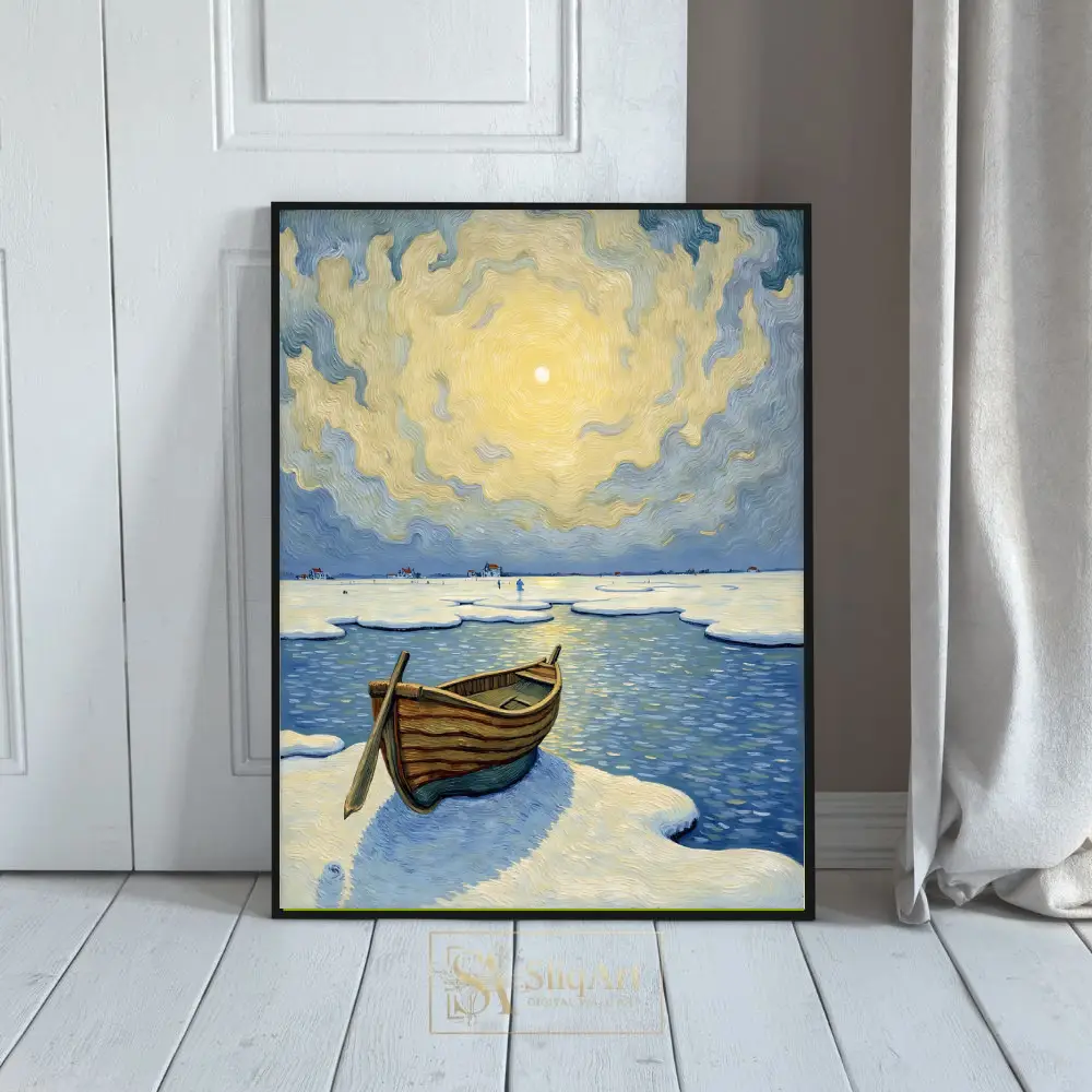 Impressionist Frozen Lake Boat Wall Art - Van Gogh Style