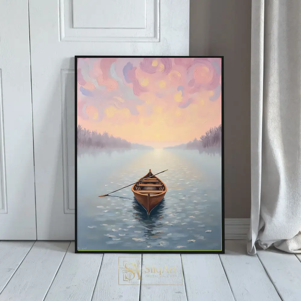Dreamy Sunset Rowboat Canvas Art - Impressionist Lake Scene