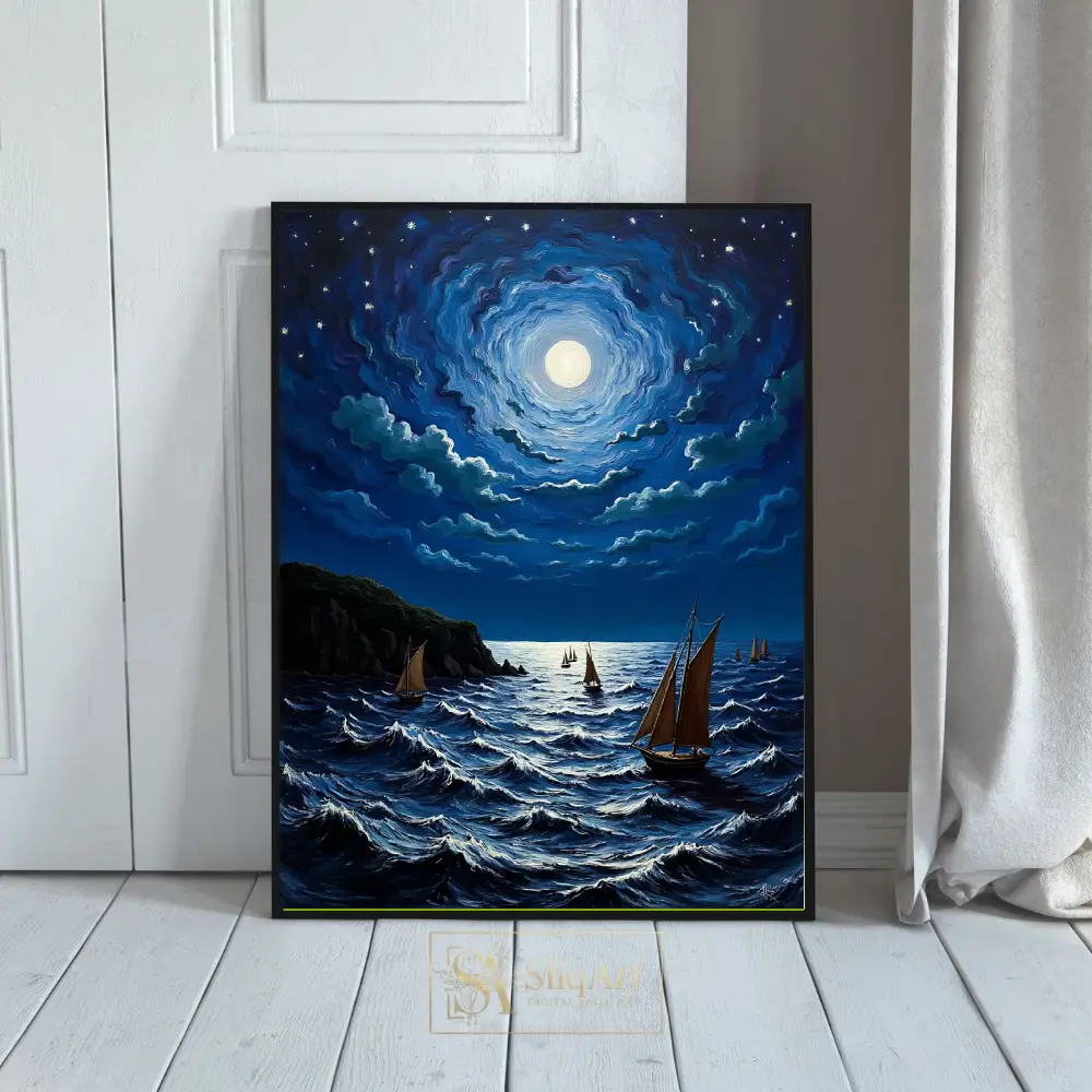 Celestial Seascape Moonlit Sailboats Wall Art
