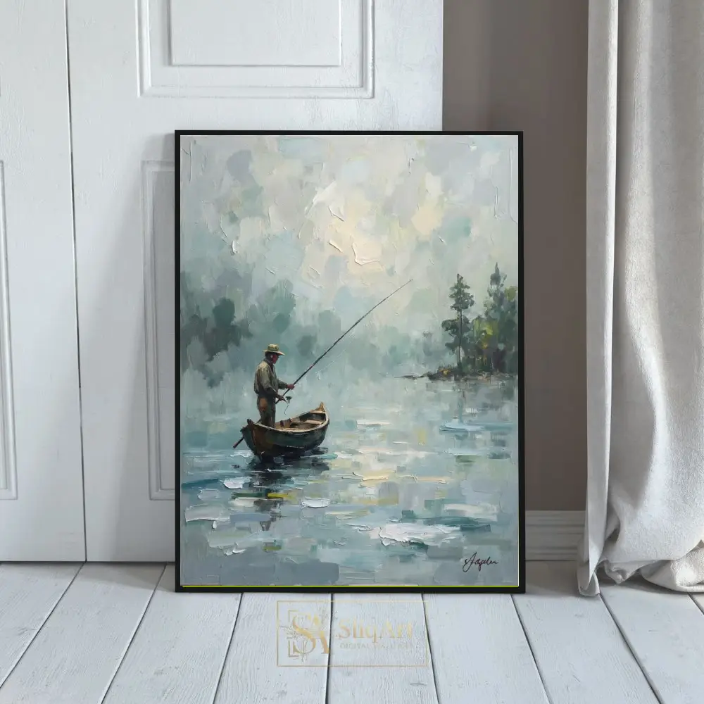 Impressionist Fisherman on Misty Lake Wall Art | Serene Lake Decor