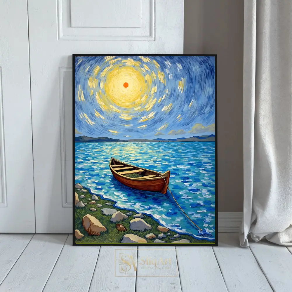 Celestial Serenity: Van Gogh Style Boat at Sunset Canvas Art