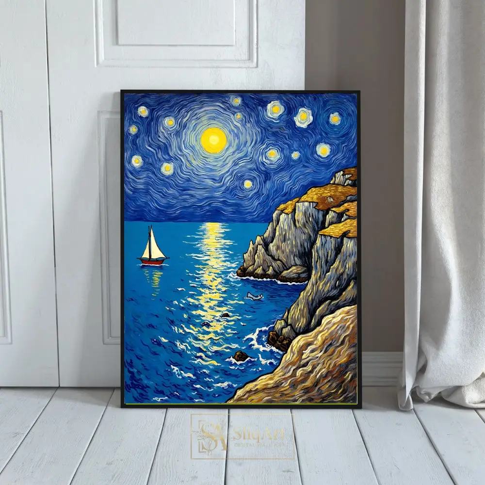 Midnight Voyage: Van Gogh Inspired Seascape Canvas Wall Art