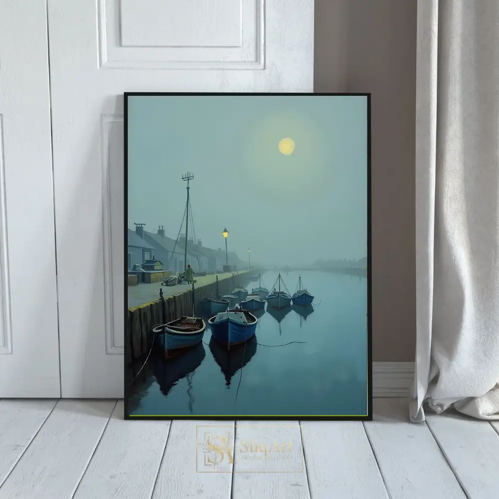 Serene Foggy Harbor Moonlight Wall Art - Blue Boats Nautical Decor