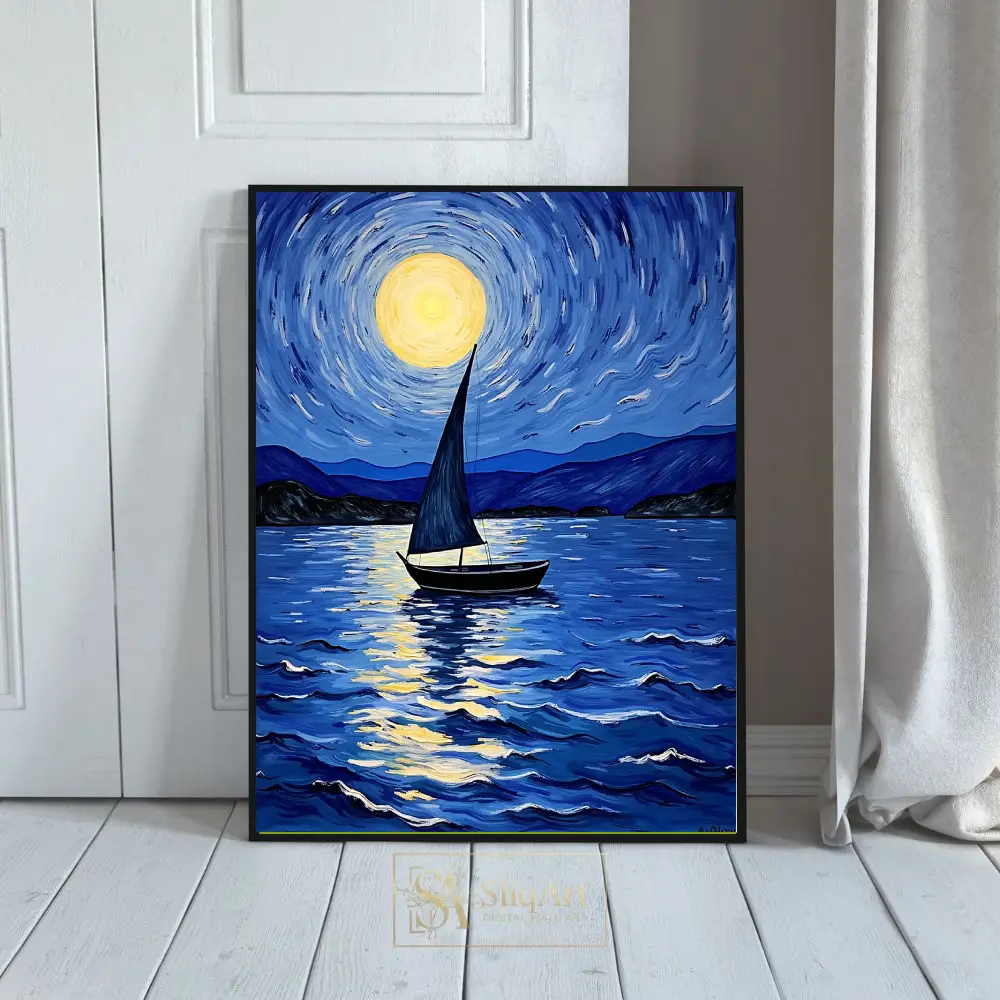 Celestial Sailboat Night - Van Gogh Style Impressionist Canvas Art