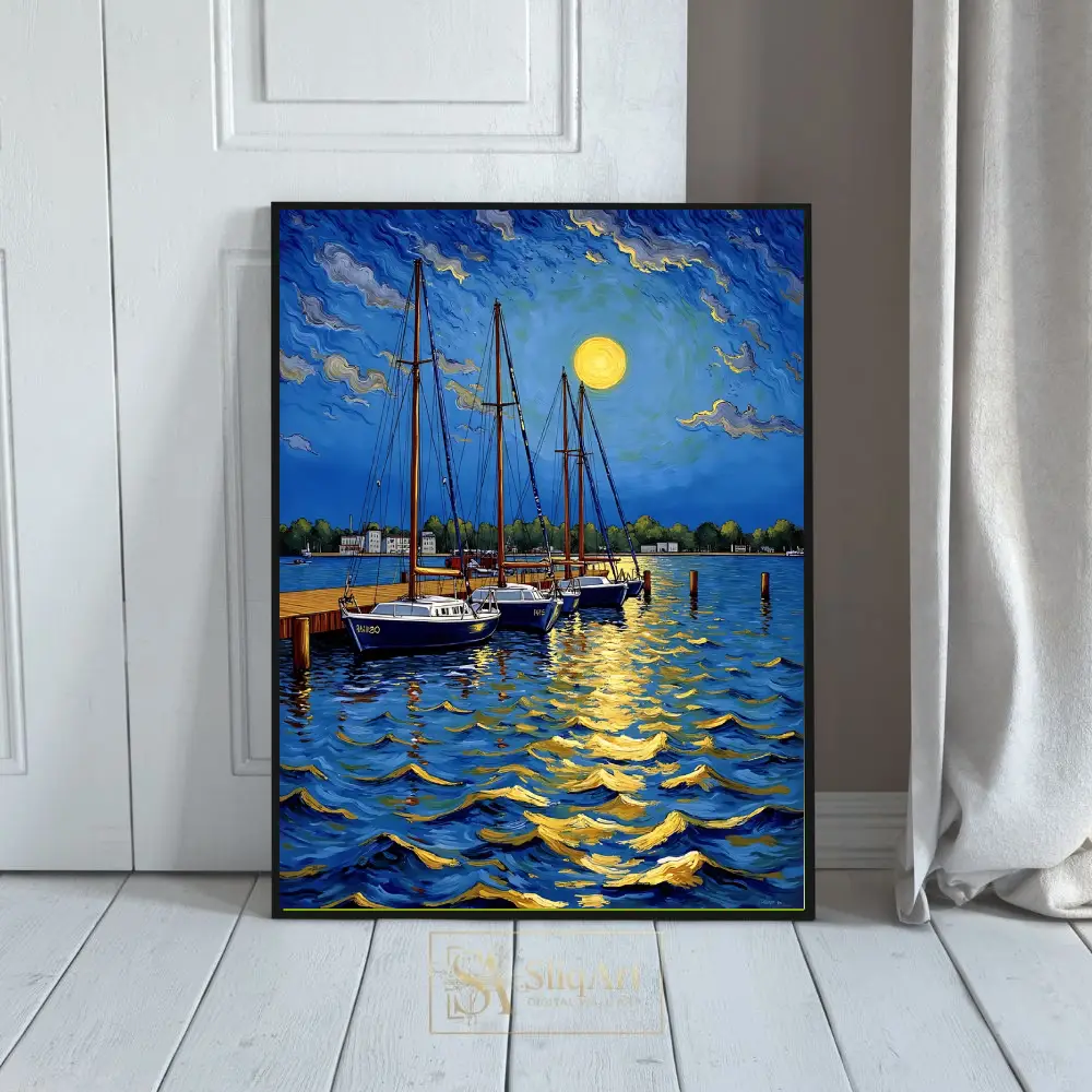 Moonlit Harbor Sailboat Canvas Wall Art - Impressionist Nautical Decor