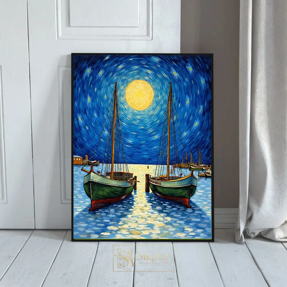 Celestial Seascape: Impressionist Sailboat Night Canvas Art