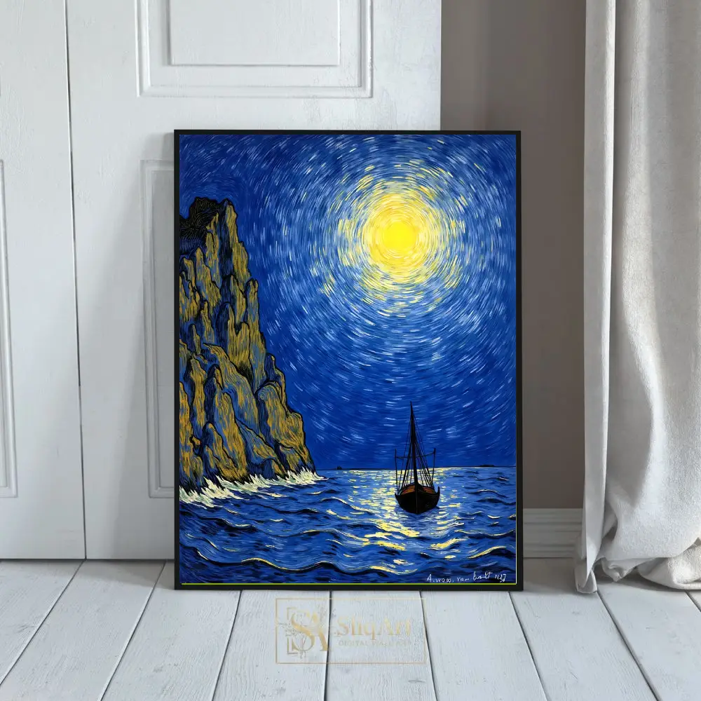 Celestial Seascape Canvas Wall Art - Impressionist Sailboat at Night