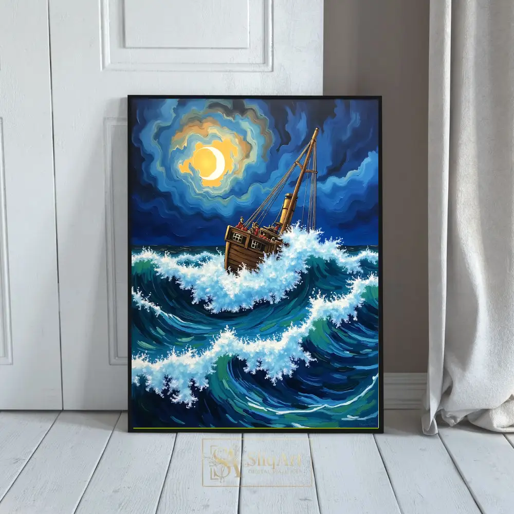 Celestial Storm Nautical Canvas Art - Van Gogh Style Ship at Sea
