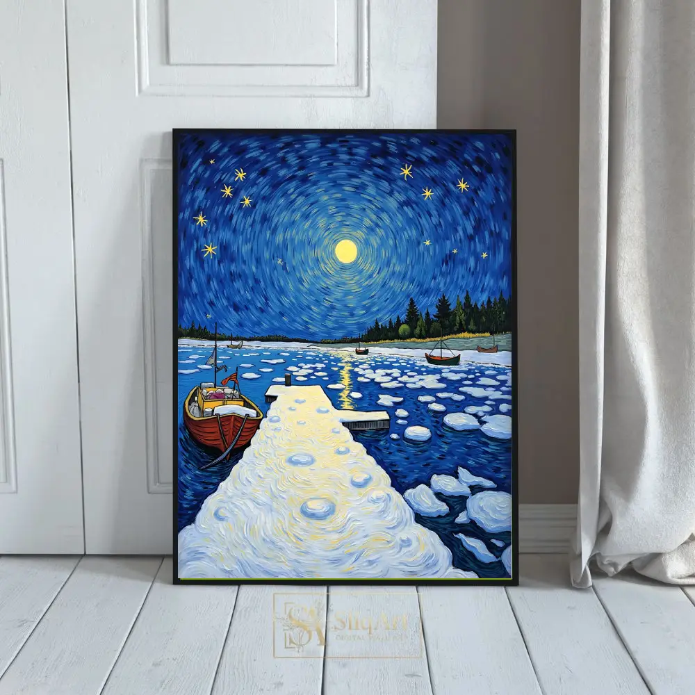 Celestial Winter Harbor - Post-Impressionist Night Canvas Art