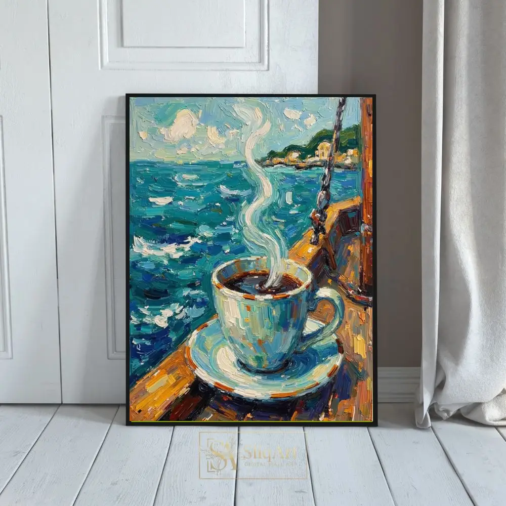 Coastal Coffee and Ocean Breeze Impasto Oil Painting