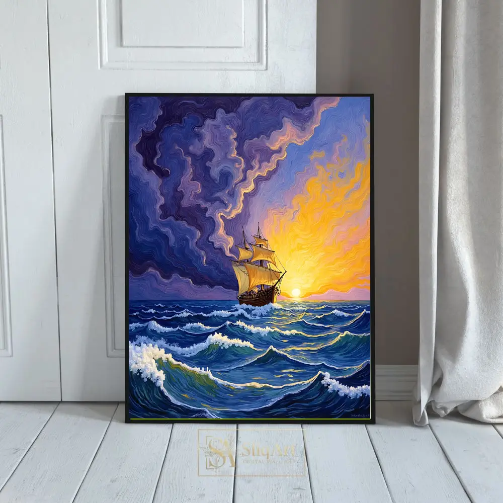 Golden Horizon Sailing Ship Wall Art - Impressionist Seascape