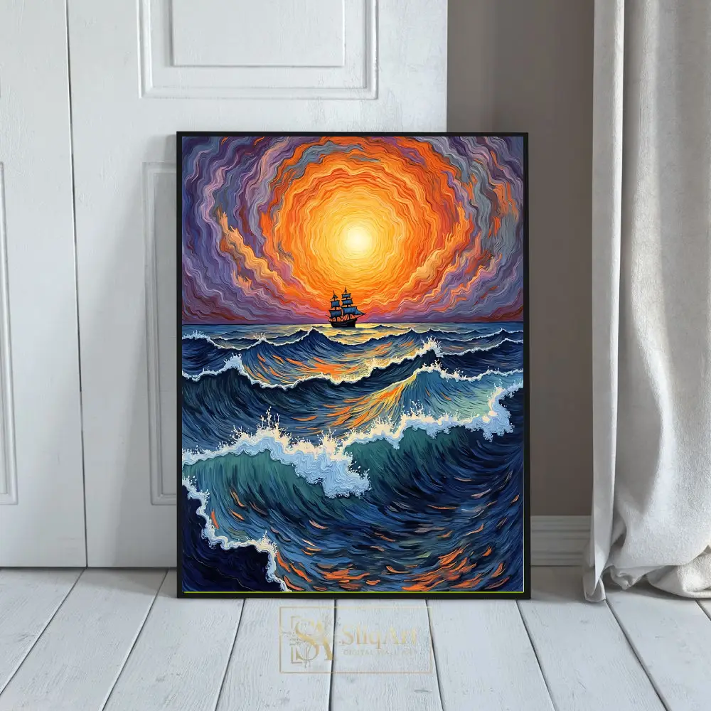 Celestial Voyage - Expressionist Sailing Ship Sunset Wall Art