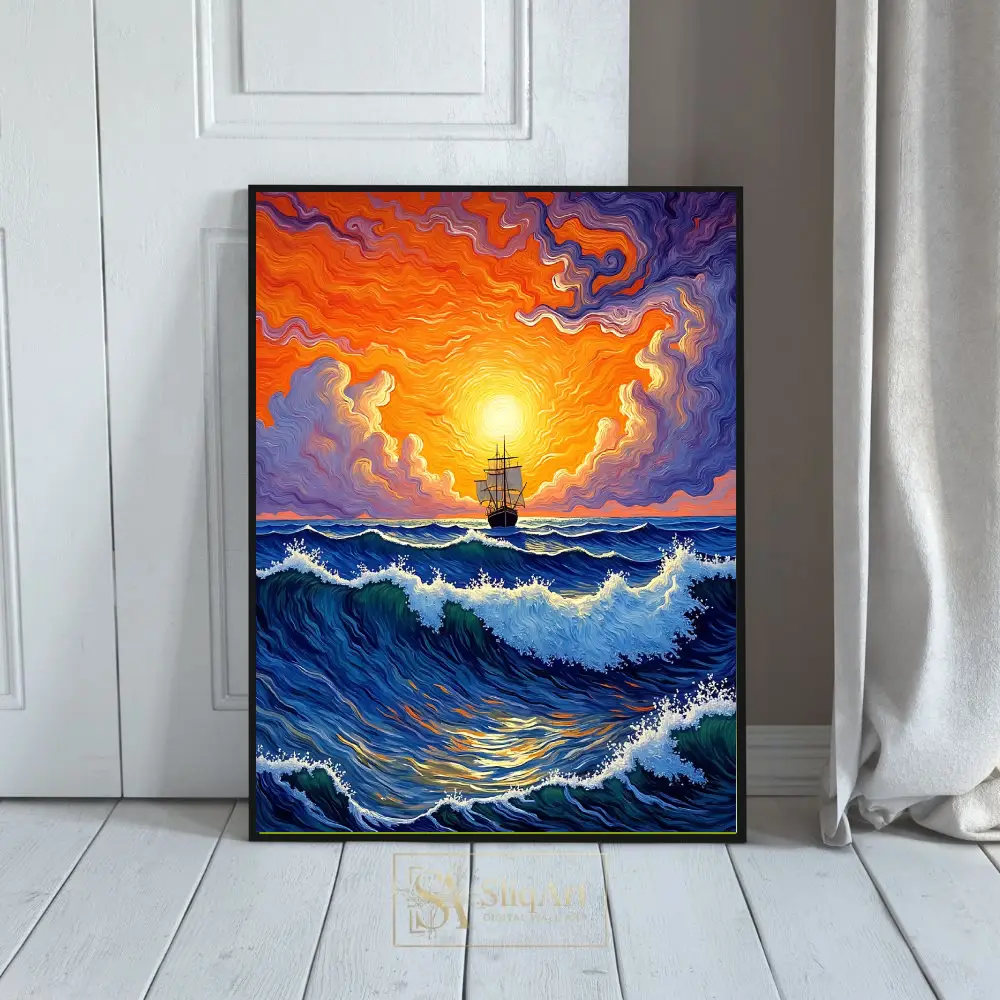 Golden Horizon Nautical Ship Canvas Art - Vibrant Impasto Seascape