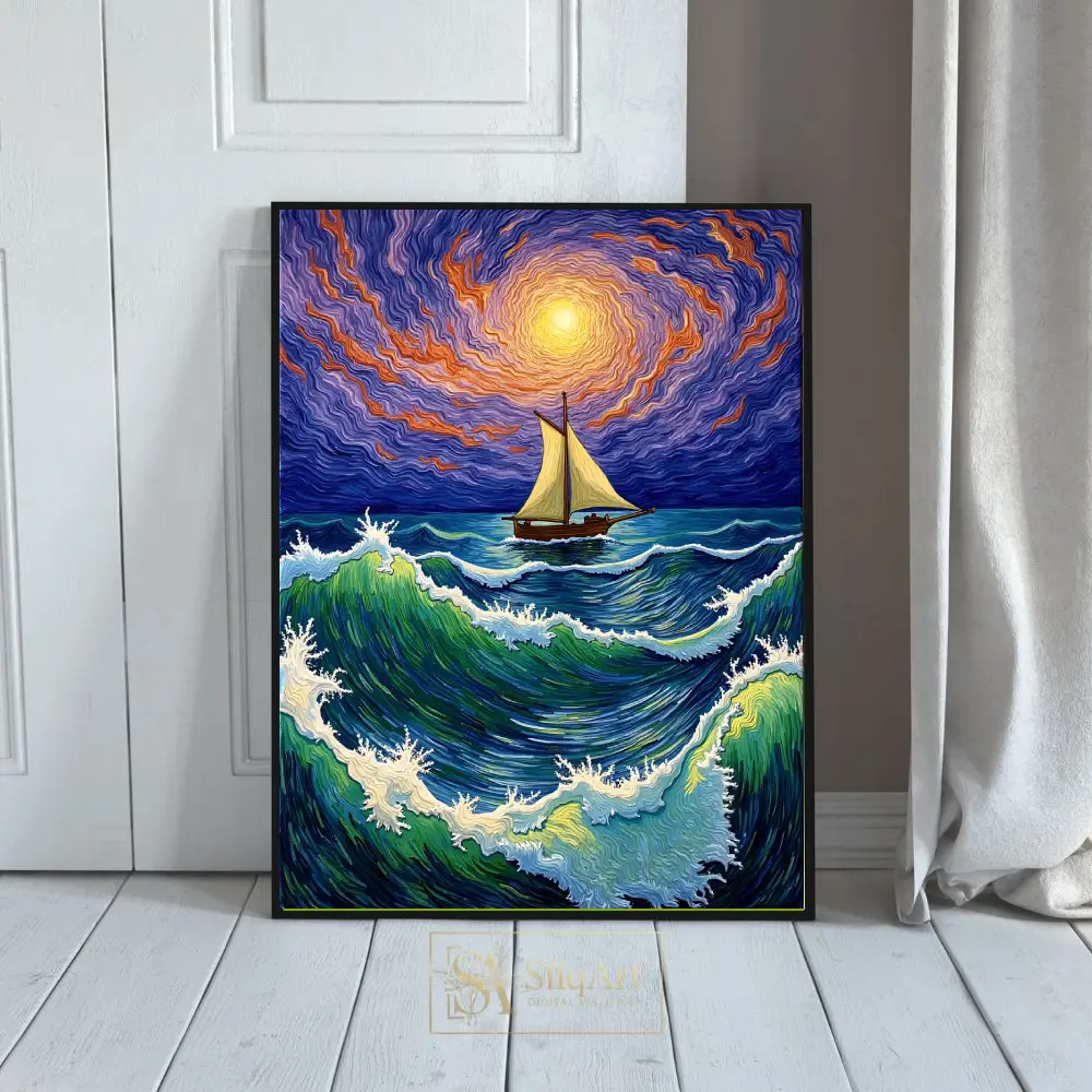 Vibrant Swirling Sea and Sailboat Impressionist Wall Art