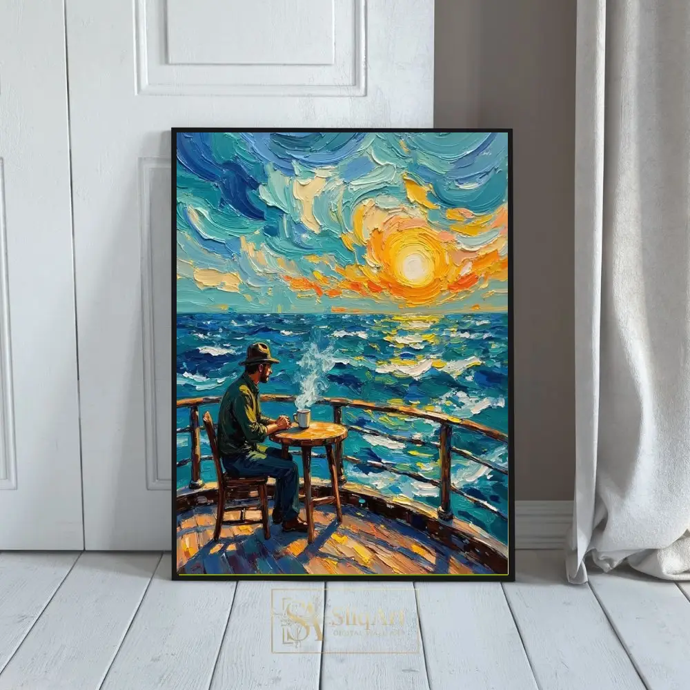 Impressionist Ocean Sunrise Wall Art - Man with Coffee Canvas Print