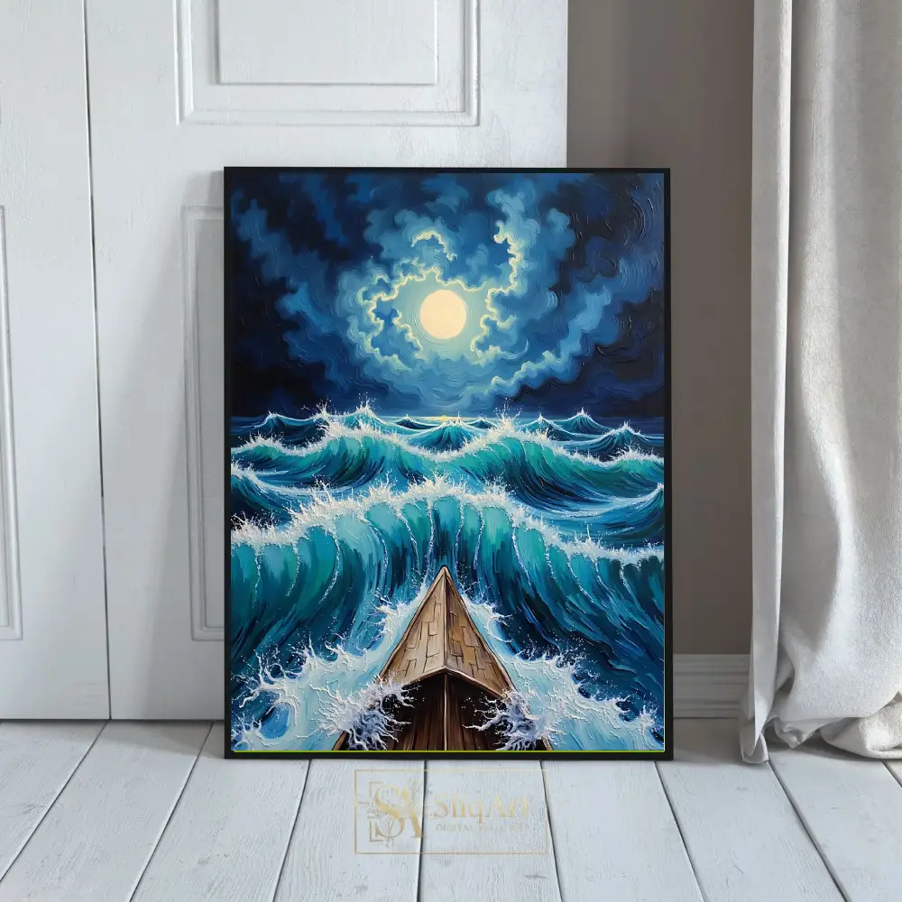 Moonlit Voyage: Textured Impasto Ocean Wave Canvas Art